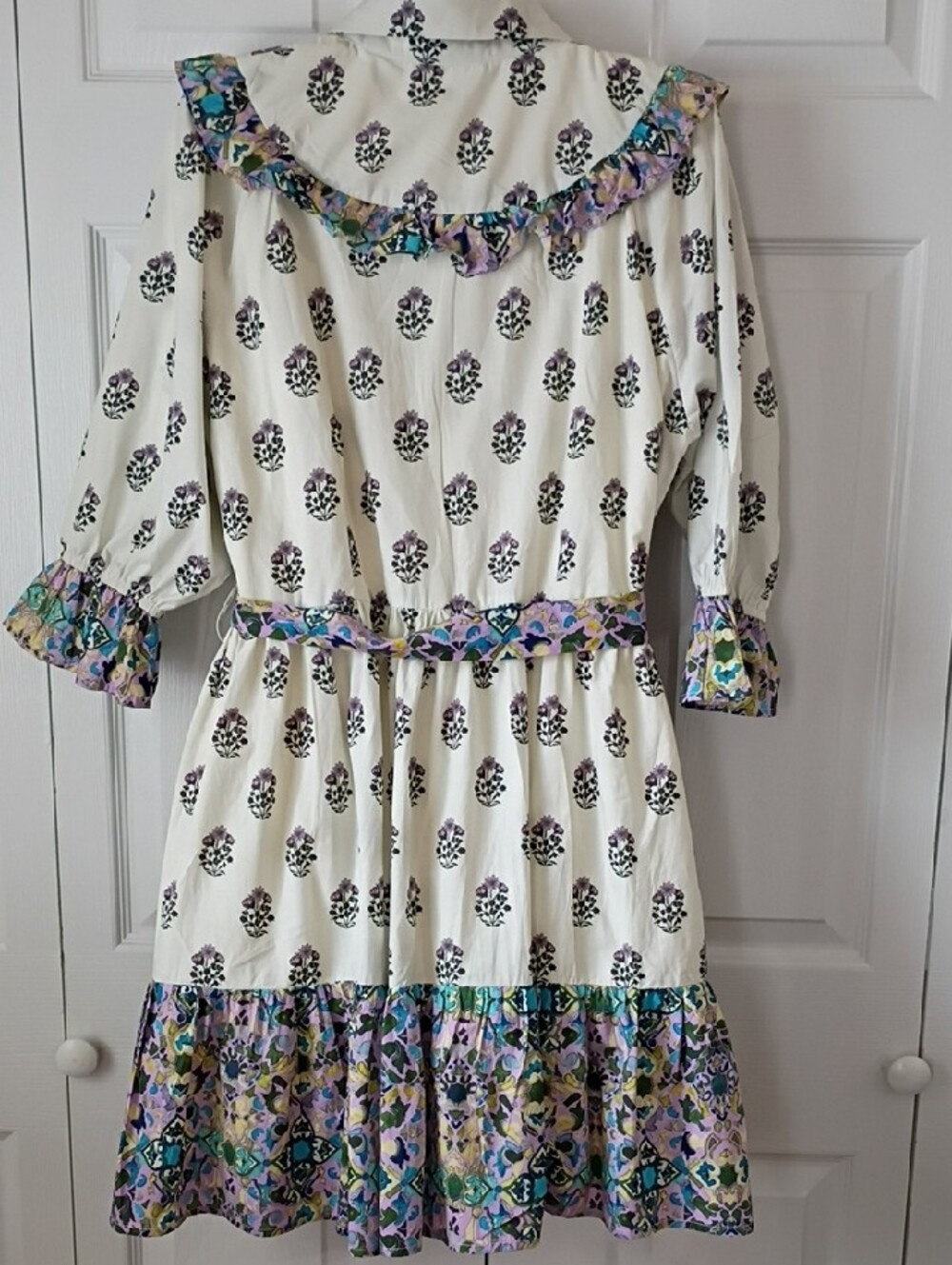 Cream Floral Ruffle-Tiered Casual Dress with Purple Accents XL - Picture 6 of 8
